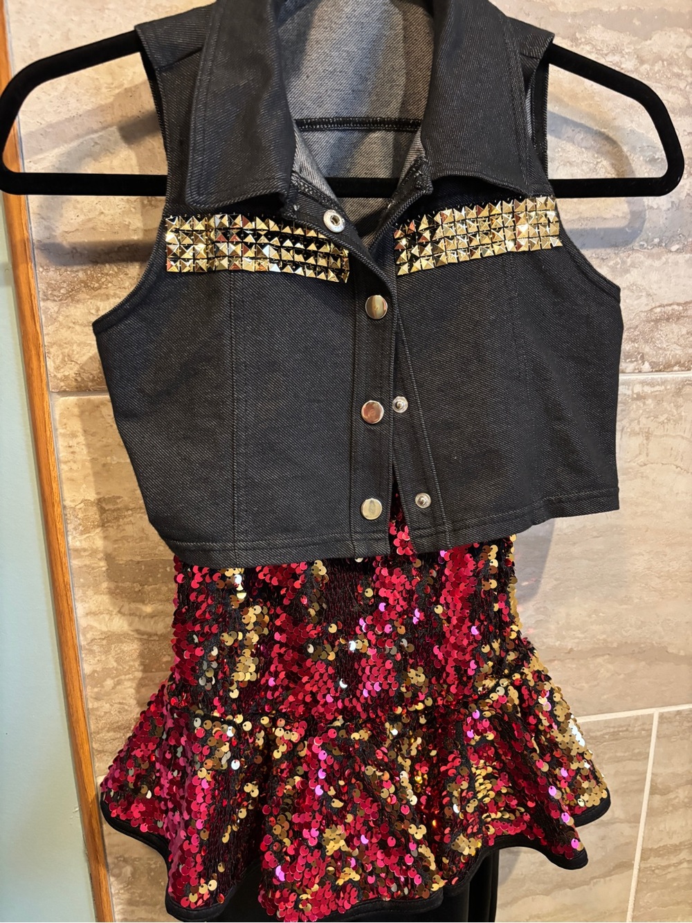 Girls Black Studded Vest and Red Sequin onesie pant Costume Set